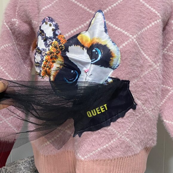 Pink Argyle Mock Neck Cat Sweater Size Medium - Picture 7 of 7